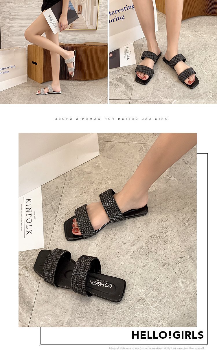 Mop Cool grande taille 35-42, pantoufles de plage à fond plat en diamant pour femmes, nouvelle version coréenne d'été 2024_voghion.com