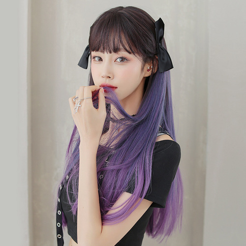 female long hair wig blue purple gradual change long straight hair air bangs full top hair set purple full head set