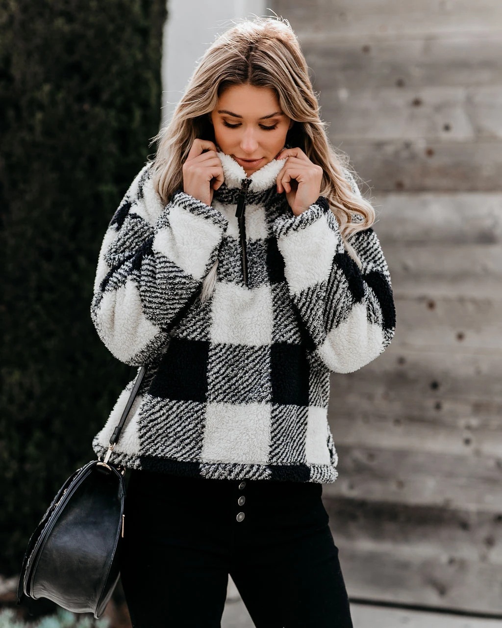 autumn and winter new thickened stand-up collar sweater women's long-sleeved loose plaid shirt NSYD3807