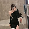 Nightclub sexy glittering silk slant neck low chest slim wrap hip skirt single side long sleeve dress