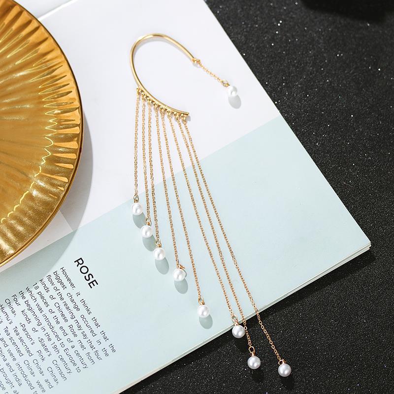 Pendientes largos de perlas estilo europeo para mujer_voghion.com