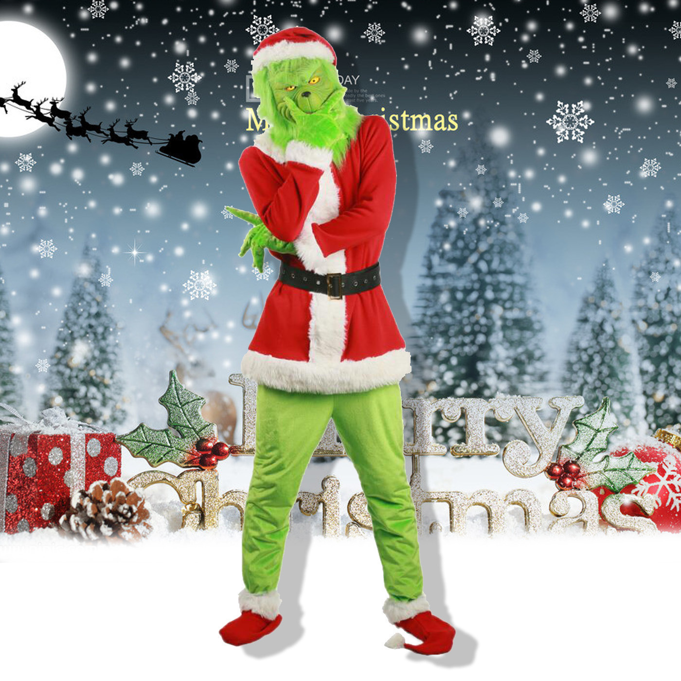 圣诞节服饰 圣诞怪杰神偷绿毛怪 格林奇面具头套派对服装一件代发|ru