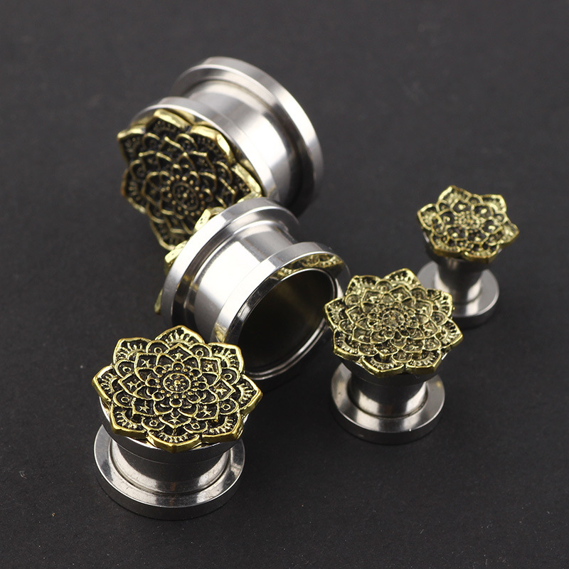 Stainless Steel Bronze Flower Ear Expander Body Piercing Jewelry Set - 5mm Gauge detail image 7