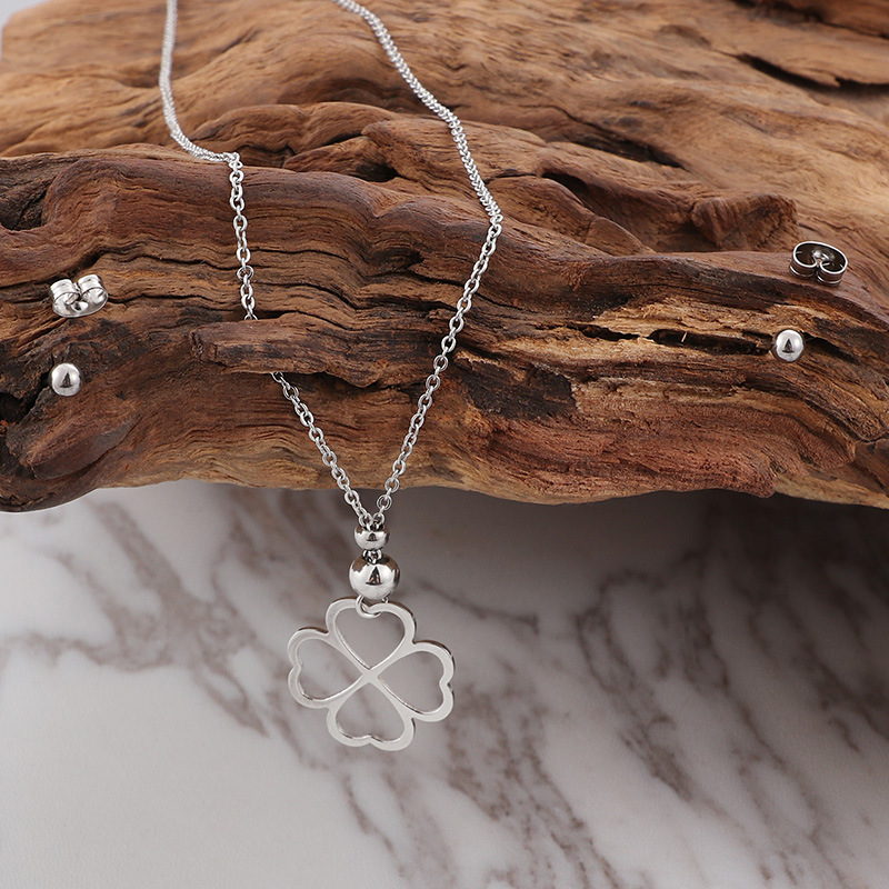 simple hollow heart-shaped stainless steel earrings necklace set wholesale Nihaojewelry
