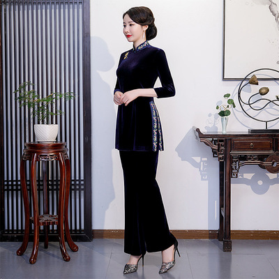 Chinese Dress Qipao for women gold velvet embroidered cheongsam