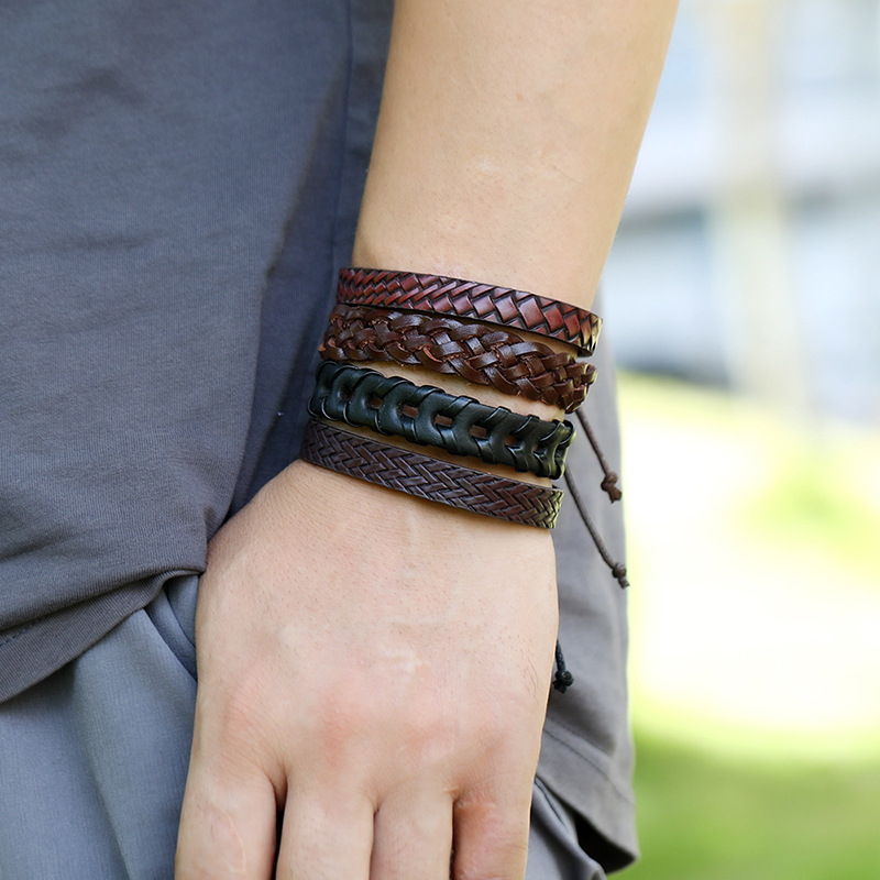 hot-selling menu0027s cowhide retro multi-layer woven suit bracelet