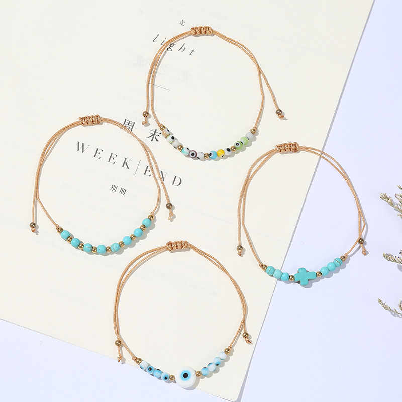 3g Weight Ethnic Style Cross Eye Alloy Turquoise Rope Knitting Women's Bracelets