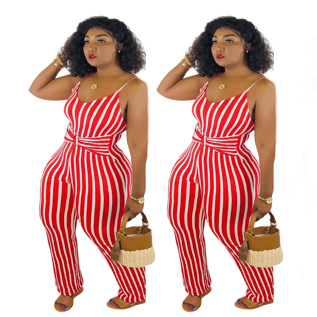 Striped printed suspender jumpsuit NSFZ62374