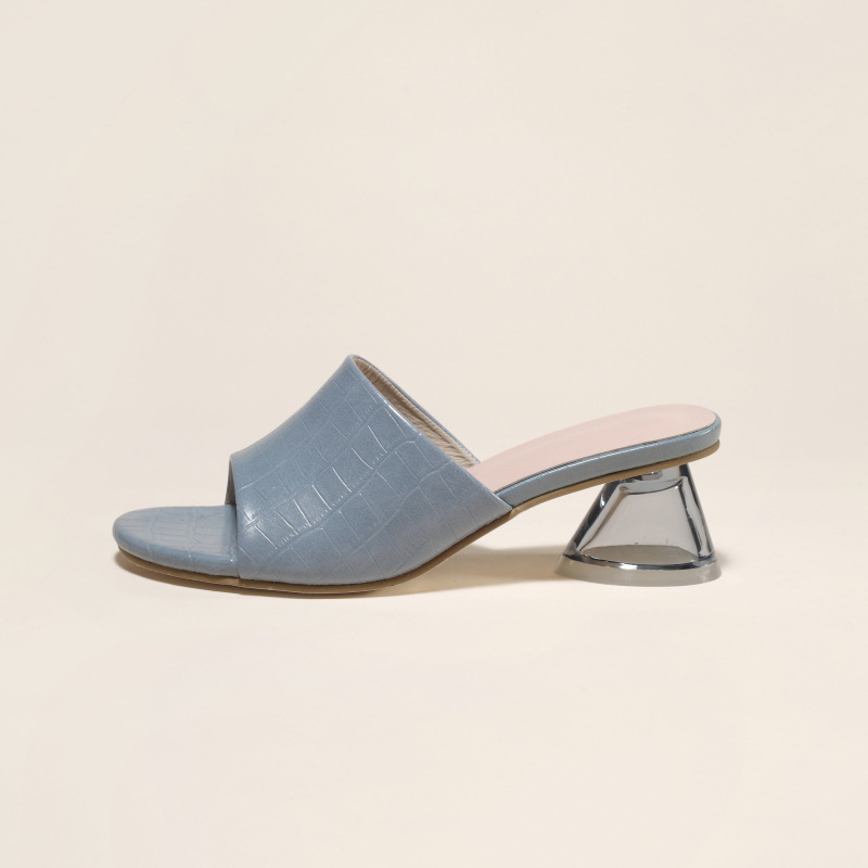 Crystal-heeled sandals Clear and stone-patterned square midheel slippers_voghion.com