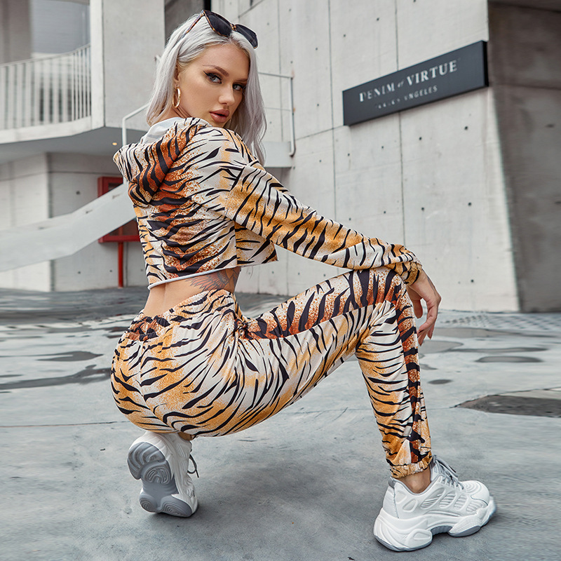 loose leopard print hoodie sweatpants two-piece lounge set NSAFS135542