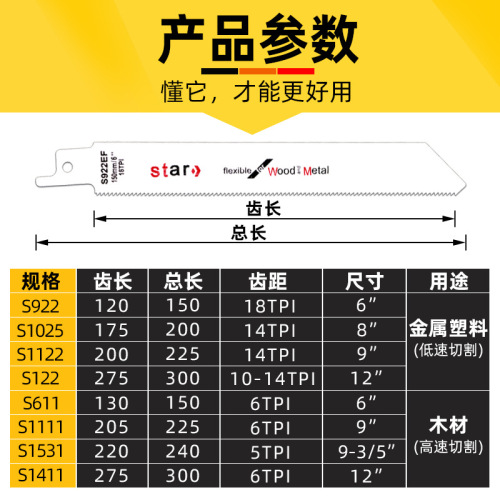 Reciprocating saw blade, saber saw, metal extension, woodworking portable electric saw blade, aluminum coarse tooth fine tooth curve saw blade