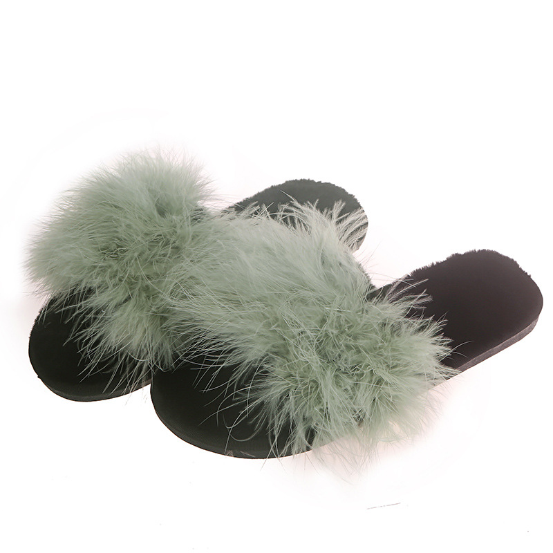 Ostrich Fur Flat-Bottomed One-Word Slippers NSKJX104842