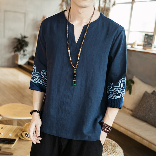 National retro cuffs printed seven cotton hemp t-shirt men Kimono