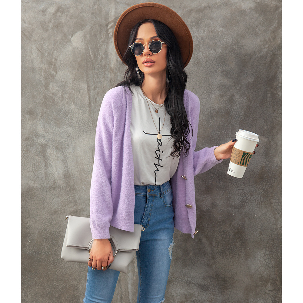 Solid Color V-Neck Cardigan Sweater  NSSA26489