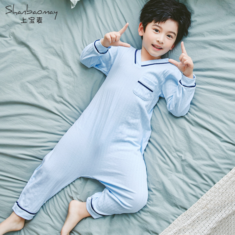 Shangbaomai Children's Siamese Pajamas Boys' Spring and Summer New Boys' Long Sleeve Siamese Pajamas Anti-Cold Cotton