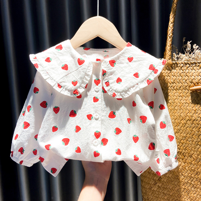 女童衬衫2022春装女宝宝草莓长袖娃娃衫春秋洋气衣服小女孩衬衣