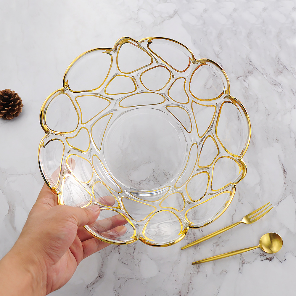 创意金边水晶玻璃果盘时尚欧式水果盘大果盆果斗干果盘子家居摆设