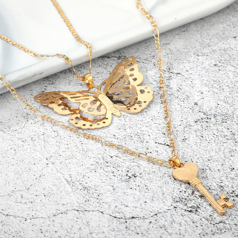 Butterfly Accessories Ladies Simple Butterfly Key Pendant Necklace Door Lock Multi-layer Pendant Sweater Chain Wholesale Nihaojewelry display picture 7