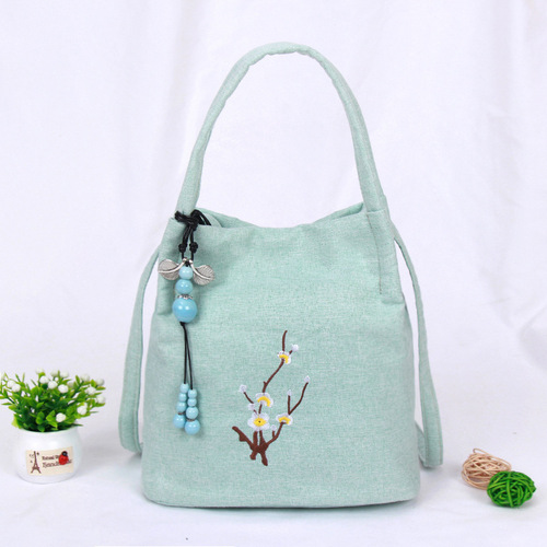 Cotton and linen bags, ancient style Han elements, Hanfu cross-body large suction buckle bucket bag, Chinese style floral retro embroidery bag