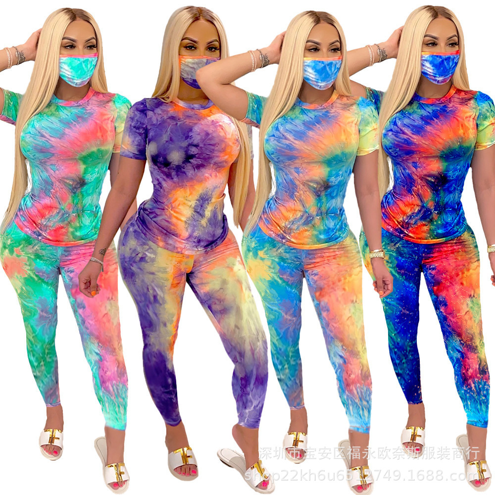 European and American Early Autumn Women's Tie-Dye Round Neck Casual Fashion Home Sports Pants Suit With Mask