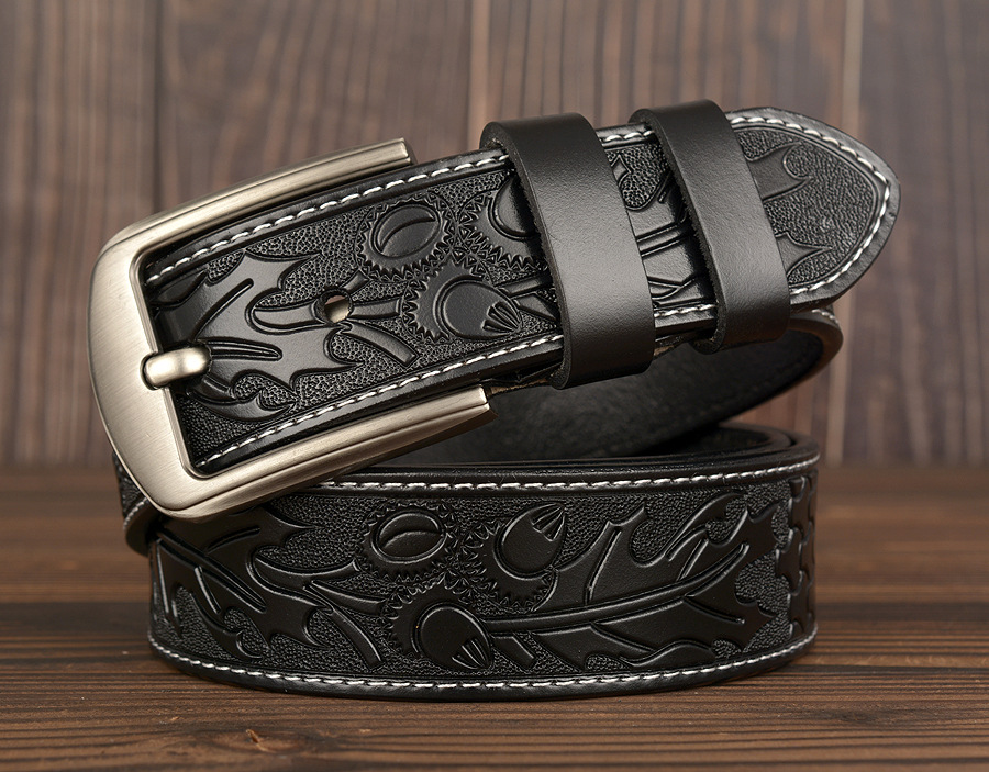 Cintura da uomo in pelle di vacchetta intagliata personalizzata con fibbia ad ago di nuova moda_voghion.com