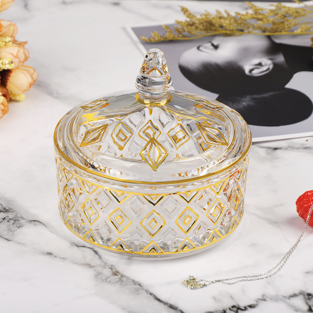 欧式高档轻奢水晶玻璃首饰盒创意描金珠宝几何饰品收纳盒带盖批发