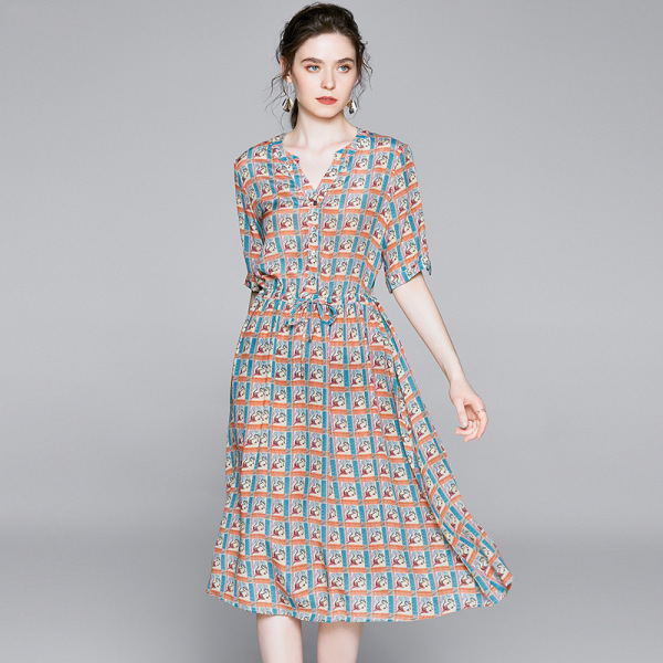 2020 summer new women’s loose silk printed dress in Europe and America