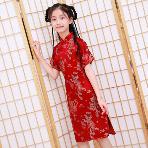 Children's cheongsam, big girl's summer princess dress, Chinese style girl's stage catwalk performance photo dress
