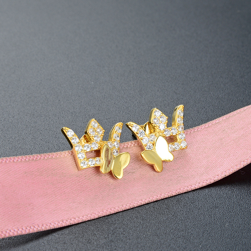 Diamante corona mariposa s925 pendientes de plata chapado en oro elegante noble banquete pendientes femeninos fuente fábrica al por mayor