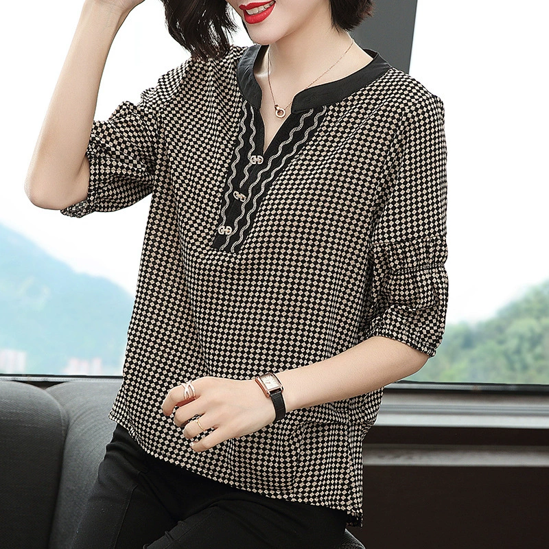 2022 летняя новая футболка с рукавом три четверти, Женская 40-летняя, мать средних лет, шифоновая рубашка с коротким рукавом, летний женский топ