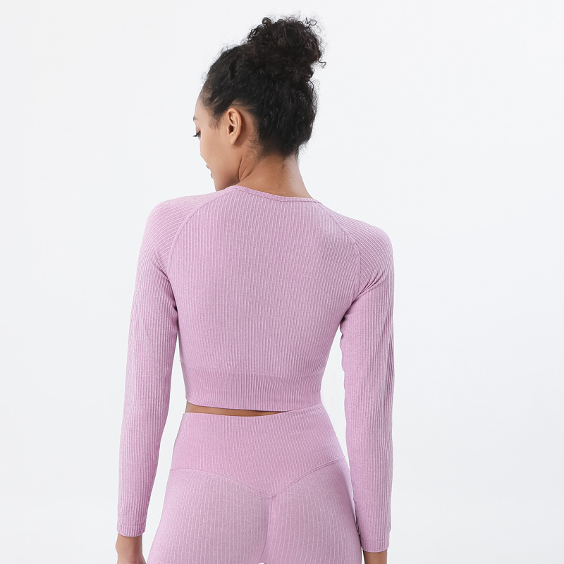 Amazon tejido sin costuras ropa de entrenamiento apretado de las mujeres de secado rápido de manga larga Camiseta deportiva superior ombligo expuesto ropa de yoga mujeres