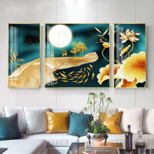 客厅沙发背景画荷花发财鹿莲花鱼现代中式挂画装饰三联晶瓷画