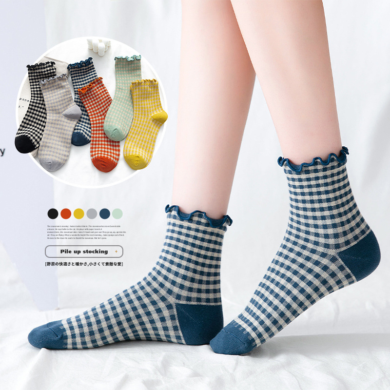 Autumn and winter New products Retro lattice In cylinder Cotton socks children solar system College wind Piles Socks Wood ear Students socks