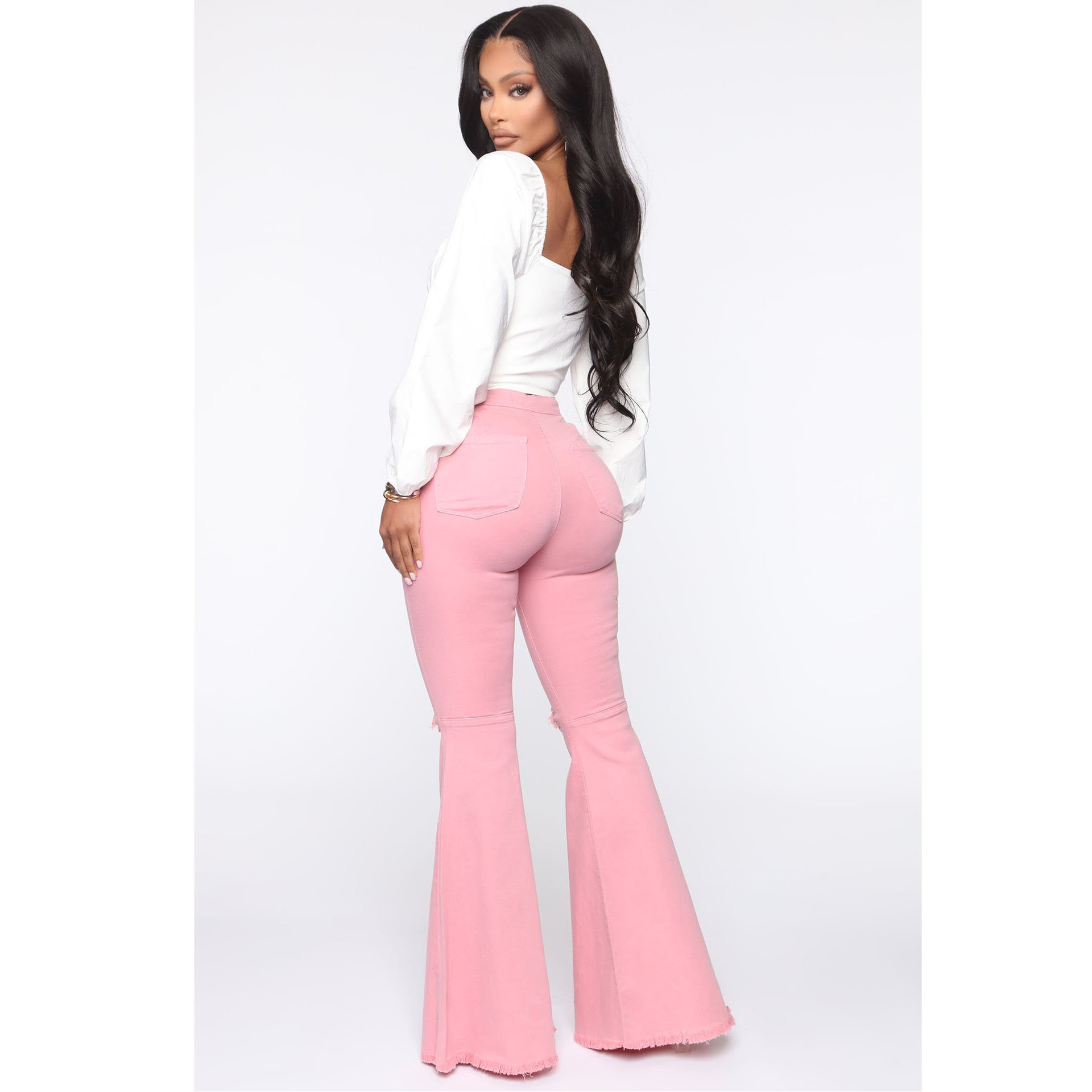 Wild Wide-Legged Knee-Hole Denim Flared Pants NSSF64048