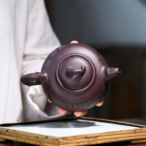 Manufacturer wholesale Yixing purple clay teapot famous hand-painted carved teapot original mine old purple clay bamboo ding teapot tea set delivery