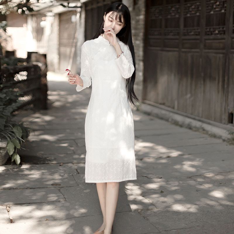 2020新款文艺复古斜襟盘扣绣花棉布改良款修身显瘦旗袍裙批发