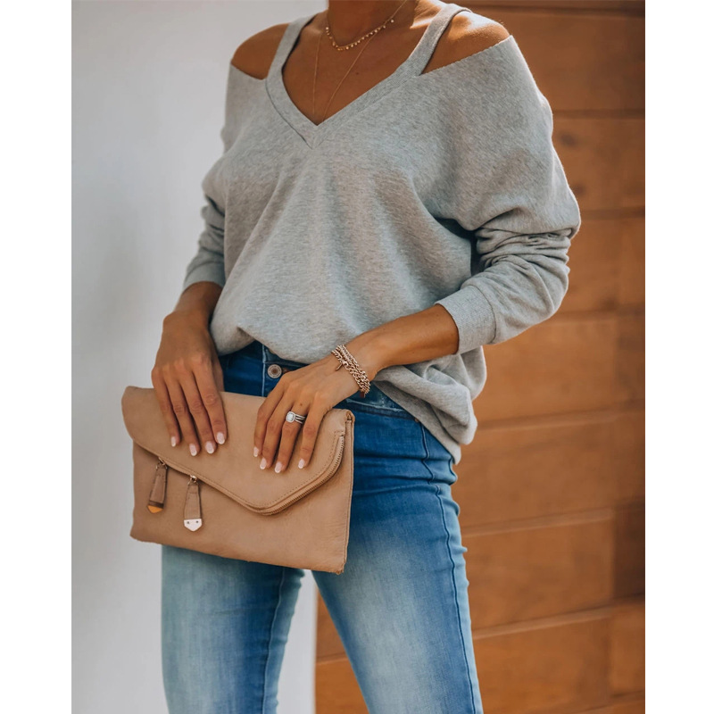 Loose Long-Sleeved Casual Solid Color V-Neck Sweatshirt NSHPH108594