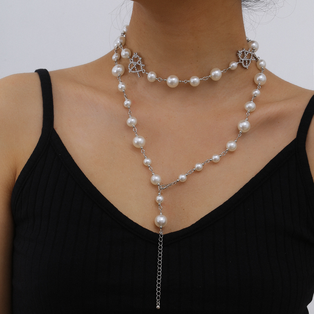 Collier De Perles Multicouches Simple Mode Collier En Forme De Coeur Micro Diamant Creux display picture 3