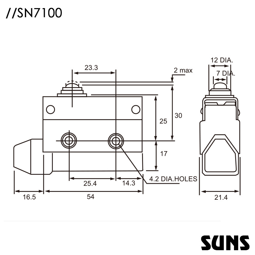 SUNS美国三实SN7100小型封闭式限位开关尺寸图