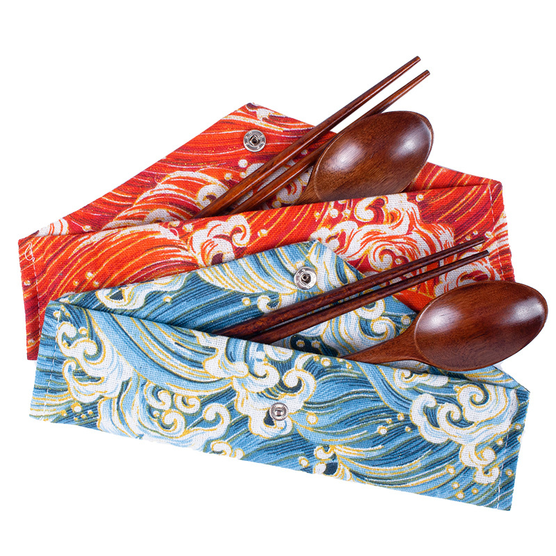 涤棉便携按扣筷子袋日式和风餐具包装棉麻布束口袋折叠筷勺收纳袋