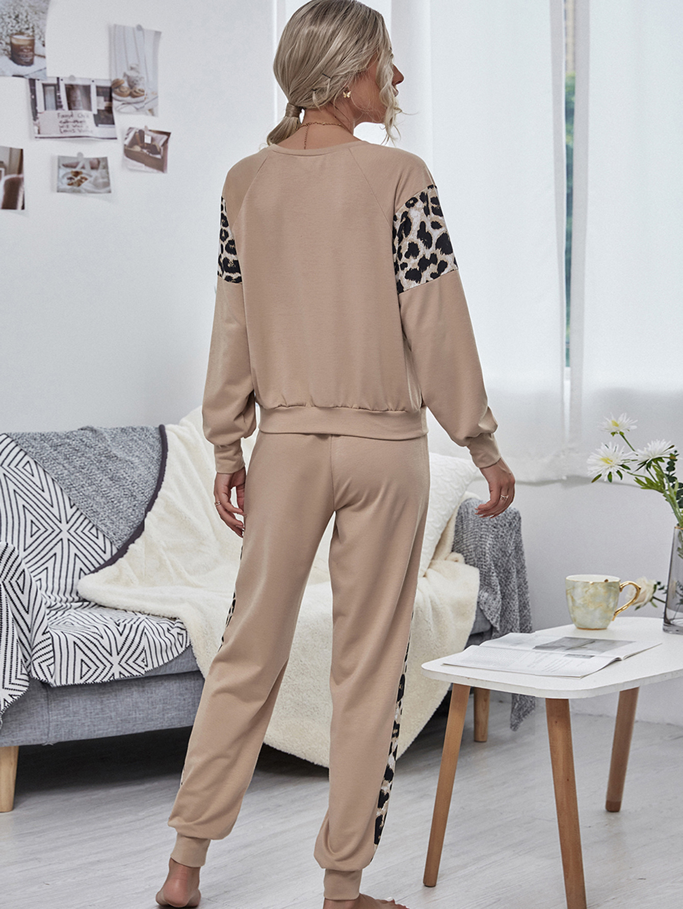 Sweater Women s Autumn Leopard Pattern Stitching Long Sleeve Round Neck Pullover Set NHDF91