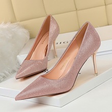 1853-a5 Korean sexy banquet high heeled shoes metal heel high heel shallow mouth pointed glittering Sequin cloth women's single shoes