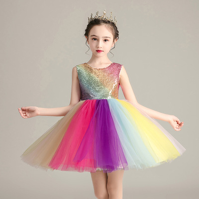 Girls rainbow colored sequined modern jazz dance dress singers host chorus stage performance princess dress for kids 
