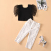 Round neck transparent mesh sleeve clear color top with Beaded holes jeans suit for children