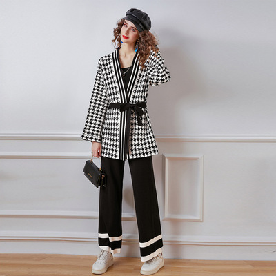 慵懒风毛衣开衫女宽松大码针织衫+撞色拼接长裤 阔腿裤套装秋冬|ms