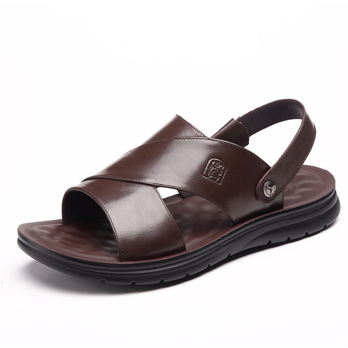 Top-layer cowhide soft-soled beach shoes men's sandals large size middle-aged dad's genuine leather summer slippers for middle-aged and elderly men