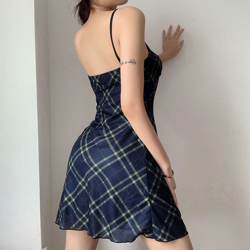 blue plaid v-neck double-layer short sling dress NSSSN119395