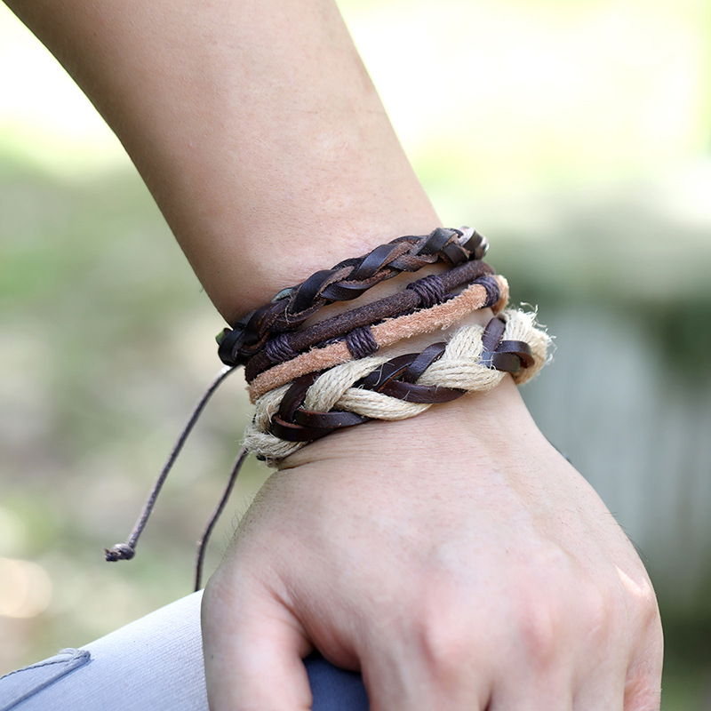 new fashion retro woven cowhide simple multi-layer menu0027s leather bracelet