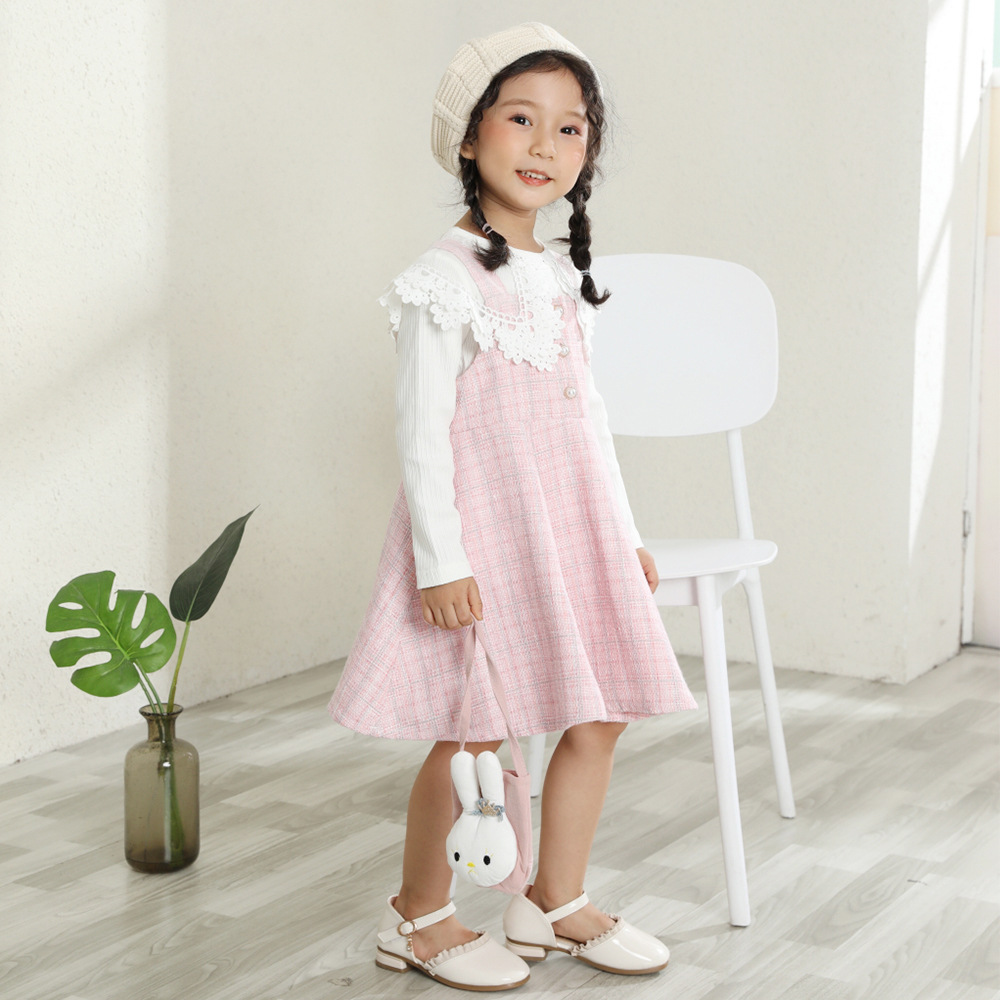 韩版女童春秋3件套装春款童装佛山童装小香风格子女童套装裙春