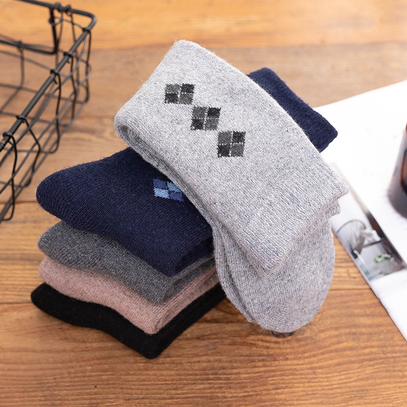 秋冬男士加厚羊毛袜 深色菱形方格男士袜子 防寒保暖兔羊毛袜批发|ru